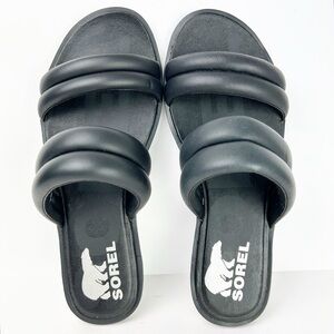 Sorel Ella II Puff Black Leather Slides Sandals